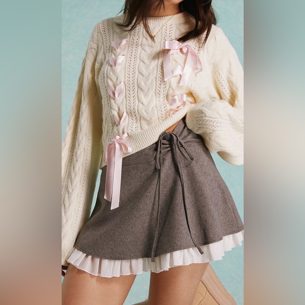 Gray Skirt with White Ruffle Trim